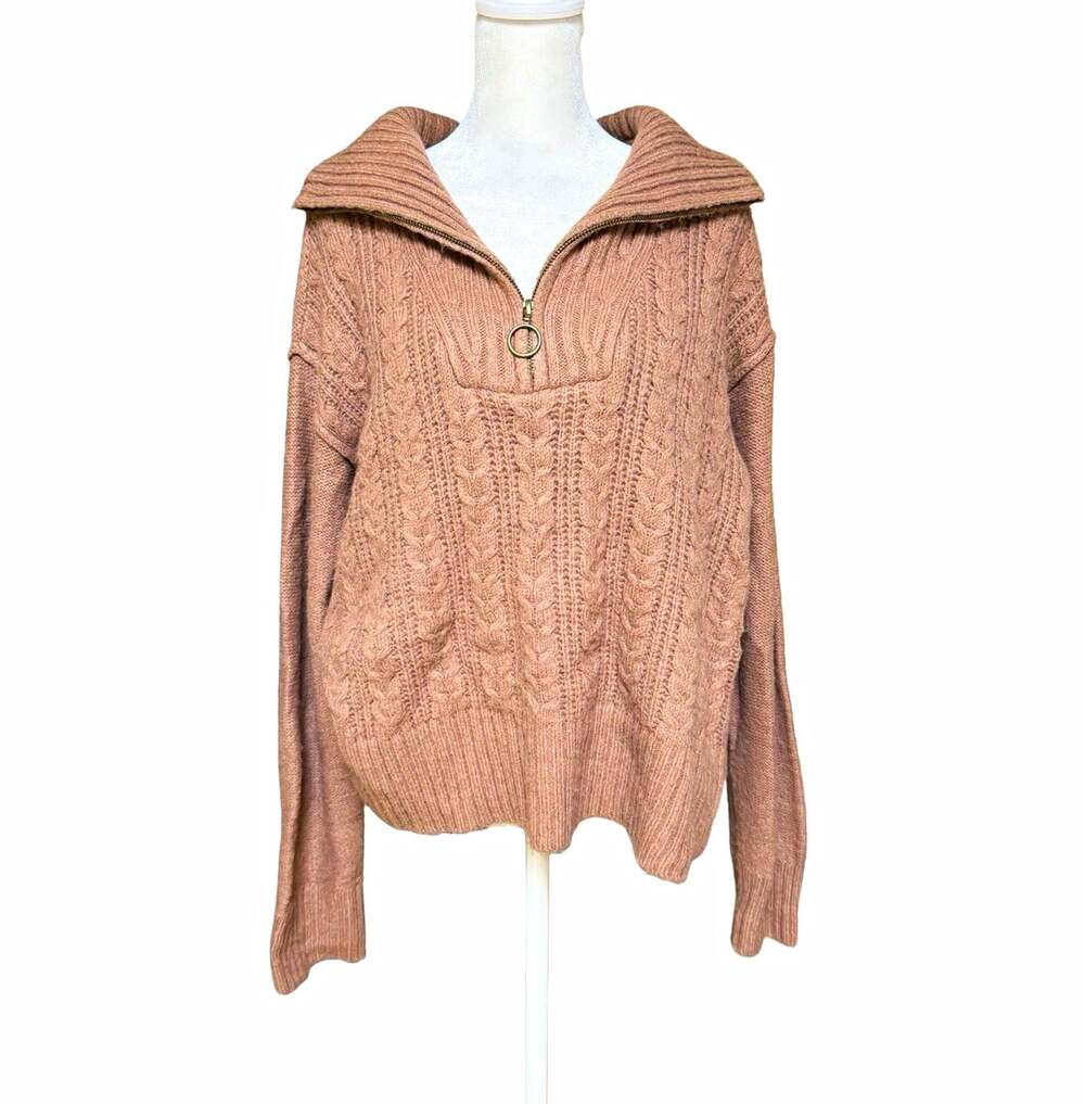 Lucky Brand Brown Cable Knit 1/4 Zip Collared Pullover Sweater Womens S